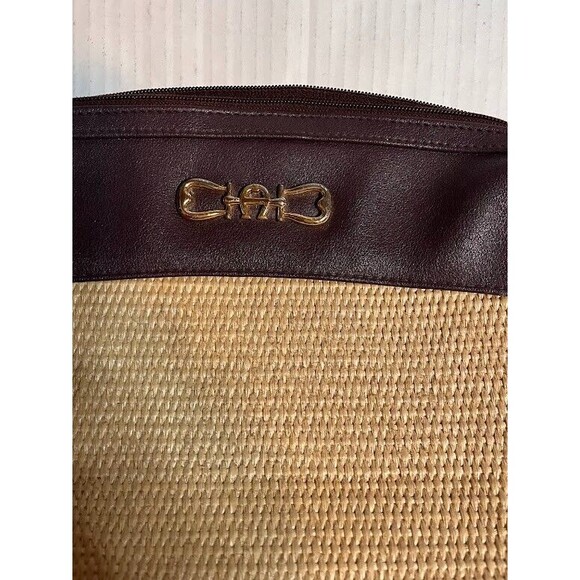 Etienne Aigner Crossbody Handbag Straw Vinyl Trim Zipper Close Boho Chic Classic - Picture 2 of 8